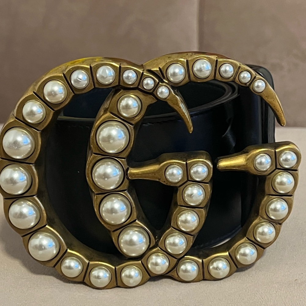 Moon Calfskin Pearl Double G 70mm Belt 65 26 Black Cream
